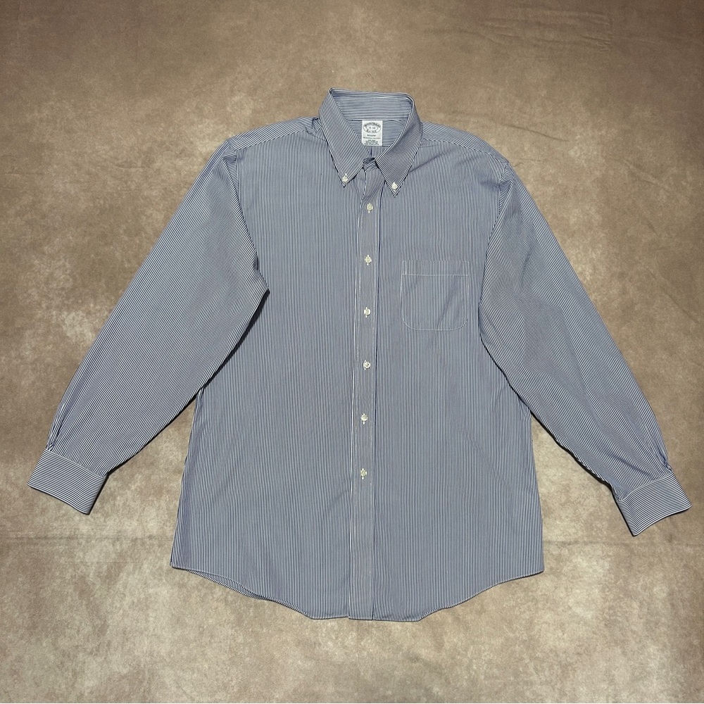 Brooks Brothers 16-34 Regent Original Polo Shirt Non-Iron Button-Down Blu Stripe